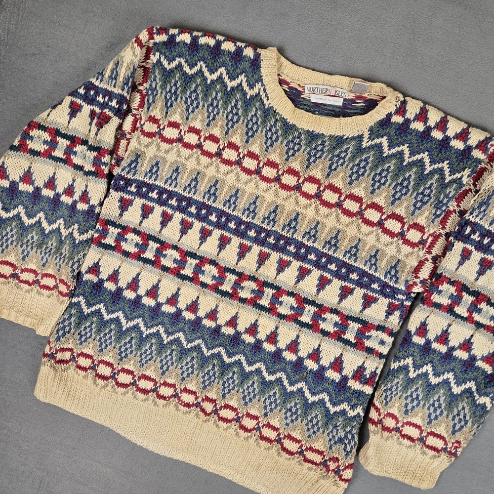 Vintage Northern Isles Hand Knitted Sweater Men's XL Geometric Heavy Grandpa 90s